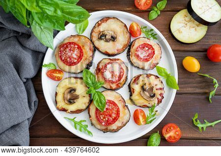 Eggplant Pizza With Tomatoes Sauce, Mozzarella, Mushrooms And Fresh Basil. Vegetarian Dish. Selectiv