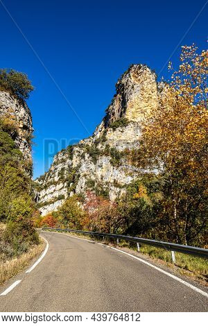Driving Through Foz De Arbayun Canyon Of Salazar River In The Pyrenees In Navarre Autonomous Communi