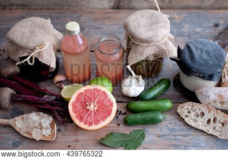 Lacto Fermented Produce, Including Cucumbers And Beetroot, Sourdough Starter, With Bread And Water K