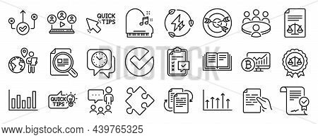 Set Of Education Icons, Such As Meeting, Column Chart, Justice Scales Icons. Legal Documents, Green 