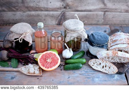 Traditionally Fermented Produce, Including Cucumbers And Beetroot, Sourdough Starter, With Bread And