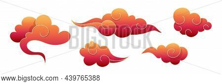 Asian Red Clouds In Chinese Style. Traditional Oriental Decor For Pattern, Ornament. Cloud In Color 
