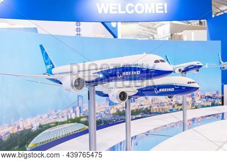 Boeing 787, 777 X, 737 Max Airliner Model Dreamliner At The Stand Of The Company Corporation. Russia