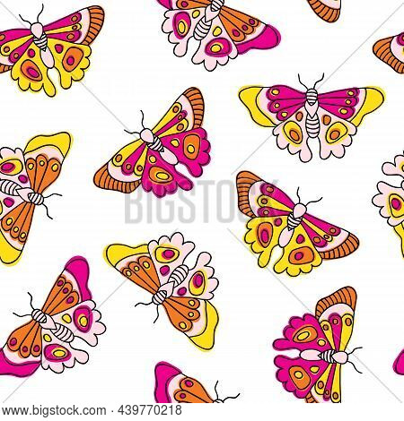 Butterflies Seamless Vector Background. Butterfly Insect Pattern Repeat Tile. Hand Drawn Colorful Su