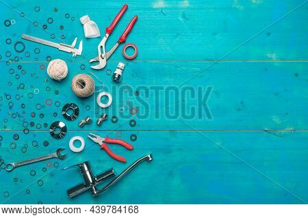 Plumbing Toolset Flat Lay Top View On Blue Wooden Background