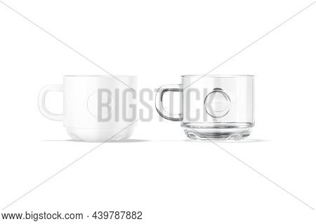 Blank Ceramic And Glass 8oz Mug With Label Mockup Stand, 3d Rendering. Empty Ceramics And Glassy Ute