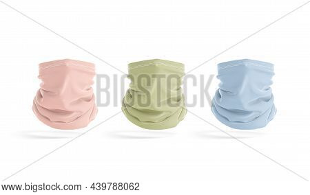Blank Colored Neck Gaiter Mockup, Front View, No Gravity, 3d Rendering. Empty Pink, Green And Blue S