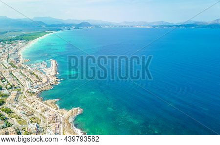 Cityscape And Beach Drone Landscape Panorama Can Picafort Mallorca Spain.