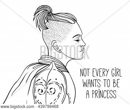 Portrait Of Beautiful Girl With A Sword. Female Knight In Armour. Vector Illustration. Medieval Aest