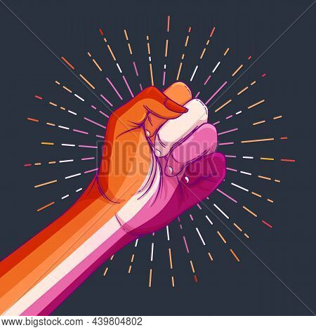 Lesbian Community Poster Design. Striped Fist Rased Up. Gay Pride. Lgbtq Concept. Isolated Vector Co