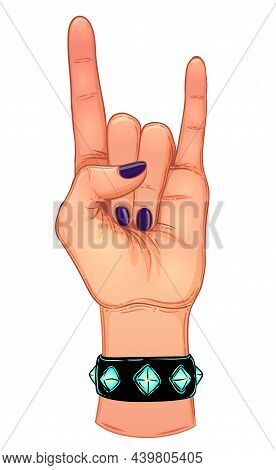 Rock And Roll Sign. Hand Drawn Illustration Of Human Hand Showing Sign Of The Horns. Gesture Of Heav