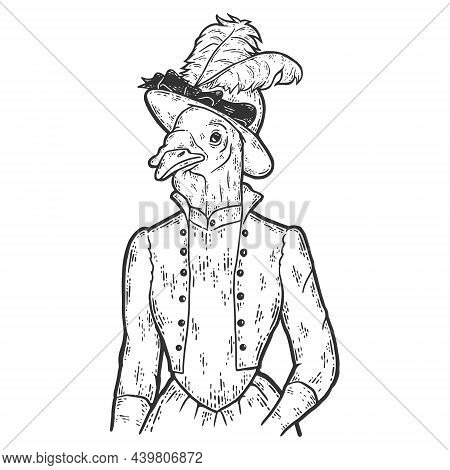 Turkey Victorian Lady. Woman In Hat And Suit. Fashion Animal Character. Hand Drawn Sketch.
