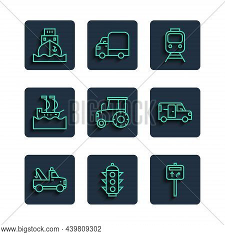 Set Line Tow Truck, Traffic Light, Road Traffic Signpost, Train And Railway, Tractor, Sailboat, Carg