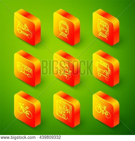 Set Line Tow Truck, Train And Railway, Bus, Car, Bicycle And Broken Road Icon. Vector