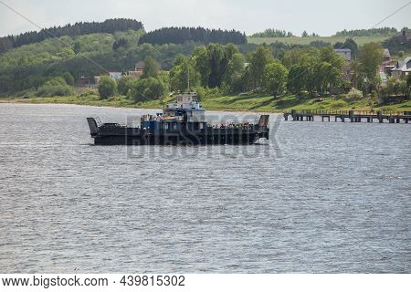 Tutaev, Yaroslavl Region, Russia - May 15, 2019: Ferry Crossing The Volga River. Car Ferry Sp44 Tran