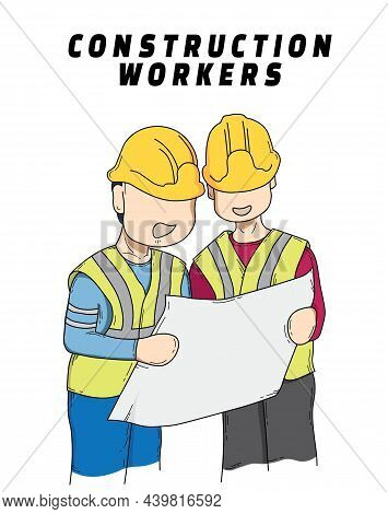 The Construction Workers Are Discussing The Project Design. They Use The Safety Vest And Helmet On T