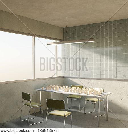 Empty Interview Room Or Office With Chairs. Waiting Room. Surreal Vaporwave Background With Copy Spa