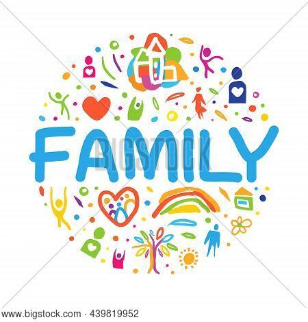 Bright Family Circle Composition With Abstract Parent And Kid With Heart And Home Element Hand Drawn