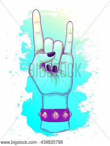 Rock And Roll Sign. Hand Drawn Illustration Of Human Hand Showing Sign Of The Horns. Gesture Of Heav
