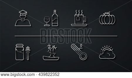 Set Line Graduate And Graduation Cap, Jar Of Honey Dipper Stick, Pumpkin, Meteorology Thermometer, B
