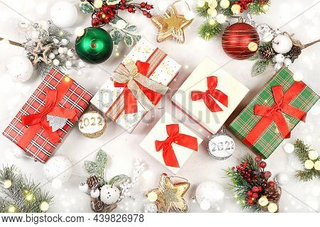 Christmas Frame Made Of Decorations, Fir Branches And Gift Boxes, New Year Sale, Black Friday, Shopp