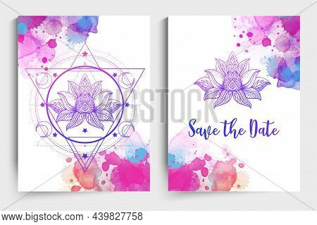 Yoga Card Design. Colorful Template For Spiritual Retreat Or Yoga Studio. Ornamental Business Cards,