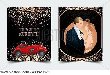 Beautiful Couple In Art Deco Style Dancing Tango. Retro Fashion Glamour Man And Woman Of Twenties An