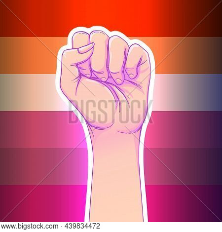 Lesbian Community Poster Design. Striped Fist Rased Up. Gay Pride. Lgbtq Concept. Isolated Vector Co
