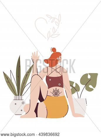 Young Woman Doing Yoga Exercises, Practicing Meditation And Stretching. Female Character In Ardha Ma