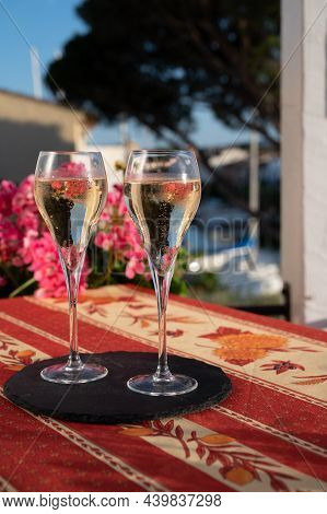 Romantic Wedding Party With Two Glasses Of White Cold Champagne And View On Yachts And Houses Of Por