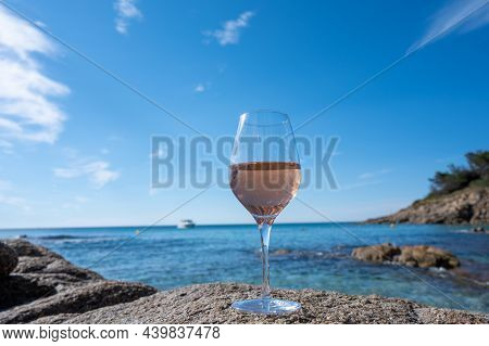 Summer Time In Provence, Glass Of Cold Rose Wine On Sandy Beach And Blue Sea Near Saint-tropez, Var