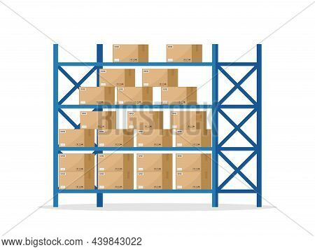 Warehouse Inventory With Rack And Boxes. Shelf For Storage Of Cargo. Stock Of Wholesale Goods In War