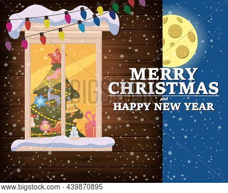 Merry Chrismas, Window, Night Moon, Decoraions Garland Retro, Living Room Christmas Tree. Xmas And N