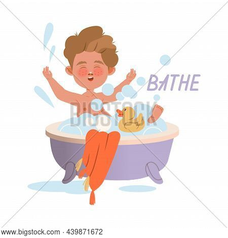 Cute Little Boy Taking Bath In Bathtub. Verb Expressing Action, Children Education Concept Cartoon V