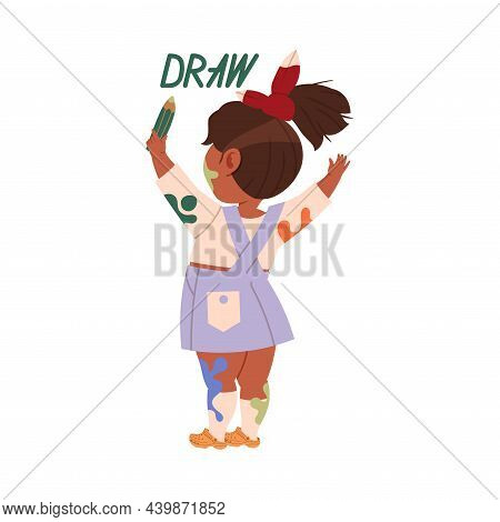 Cute Little Girl Drawing Picture With Pencil. Draw Verb Expressing Action Cartoon Vector Illustratio
