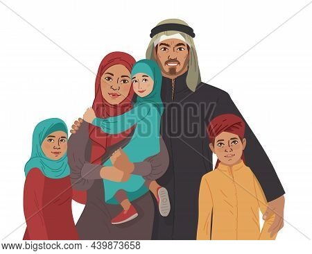 Family Portrait. Middle Eastern Muslim People. Arab Mother, Father, Son And Little Daughter. Nationa