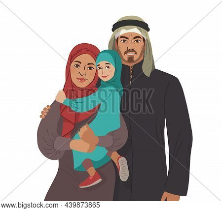 Family Portrait. Middle Eastern Muslim People. Arab Mother, Father And Little Daughter. National Clo