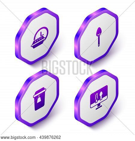 Set Isometric Round The Clock Delivery, Spoon, Cup Of Tea And Online Ordering Food Icon. Purple Hexa