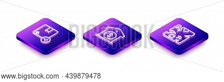 Set Isometric Line Carton Cardboard Box, Warehouse Price And Broken Icon. Vector