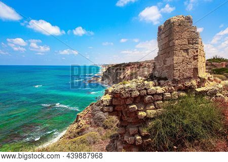 Apollonia Park, Israel. Mediterranean coast. Picturesque ruins of the medieval citadel of Arsuf and the Crusader Fortress. 