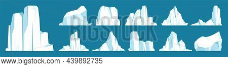Floating Icebergs Collection. Drifting Arctic Glacier, Block Of Frozen Ocean Water. Icy Mountains Wi
