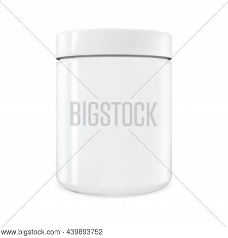 White Cylinder Vector Mockup. Isolated Plastic Round Bottle. Protein Powder Can, White Canister Temp