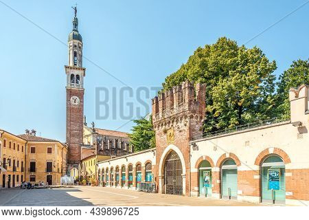 Thiene,italy - September 12,2021 - View At The Place Chilesotti With Bell Tower In Thiene. Thiene Is