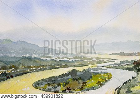 Watercolor Landscape Painting Top View Colorful Of Mekong River, Mountain Natural And Forest With Vi