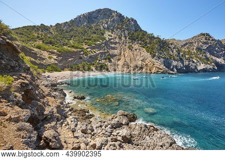 Turquoise Waters In Mallorca. Coll Baix Beach. Mediterranean Coastline. Spain