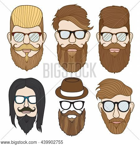Bearded Trendy Hip Men Profiles Vector Illustration Set
