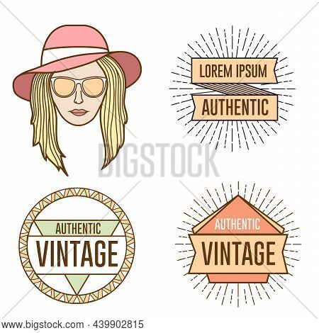 Colorful Girl With A Hat And Labels Vector Illustration Set