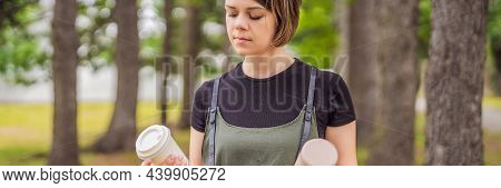 Banner, Long Format Portrait Of Happy Smiling Young Woman Comparing Thermo Cup Or Tumbler With Dispo