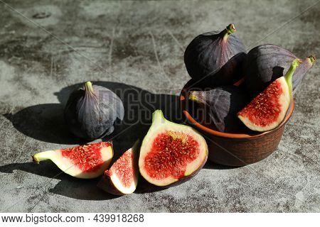 Figs Fruits On The Grey Background With Place For Text
