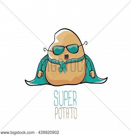 Vector Funny Cartoon Cute Brown Super Hero Potato With Green Hero Cape And Hero Mask Isolated On Whi